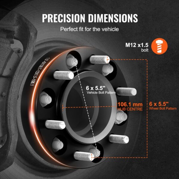 VEVOR wheel spacers with 6x5.5" bolt pattern, m12x1.5 bolts, and 106.1mm hub centre dimensions.