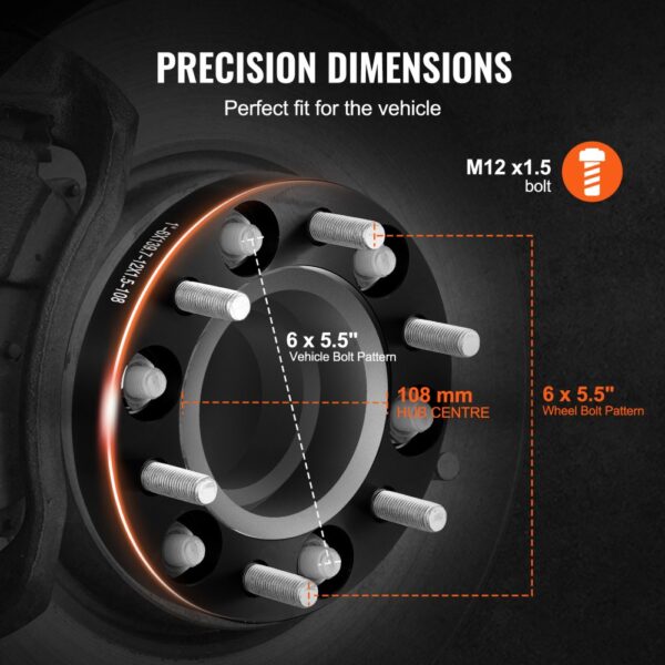 precision VEVOR wheel spacers with m12 x1.5 bolts, 108 mm hub centre, and 6x5.5" bolt pattern specs.