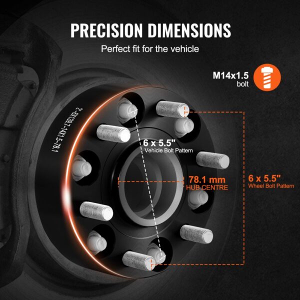 VEVOR wheel spacers with precision dimensions, 6x5.5" bolt pattern, and 78.1mm hub center