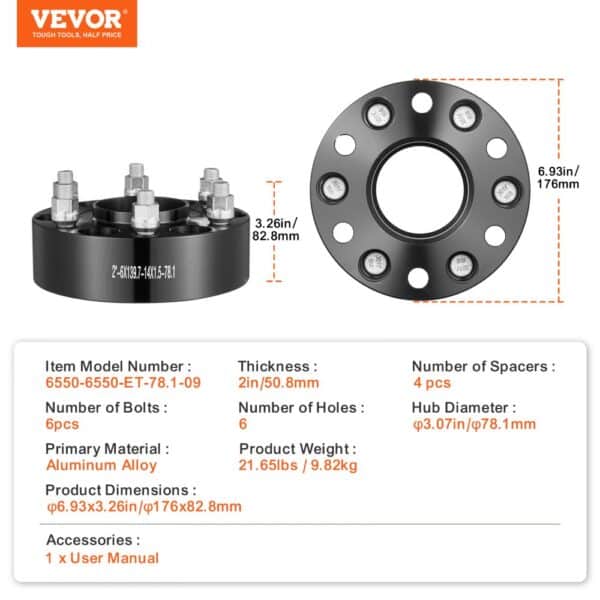 VEVOR wheel spacers, 6 bolt, 2in thickness, aluminum alloy, pack of 4, dimensions 6.93x3.26in.