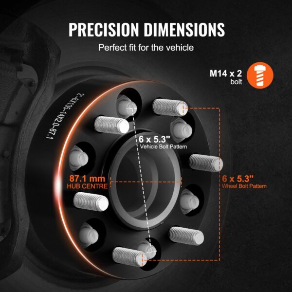 VEVOR wheel spacers with precision dimensions, 87.1 mm hub center, and 6x5.3" bolt pattern markings.