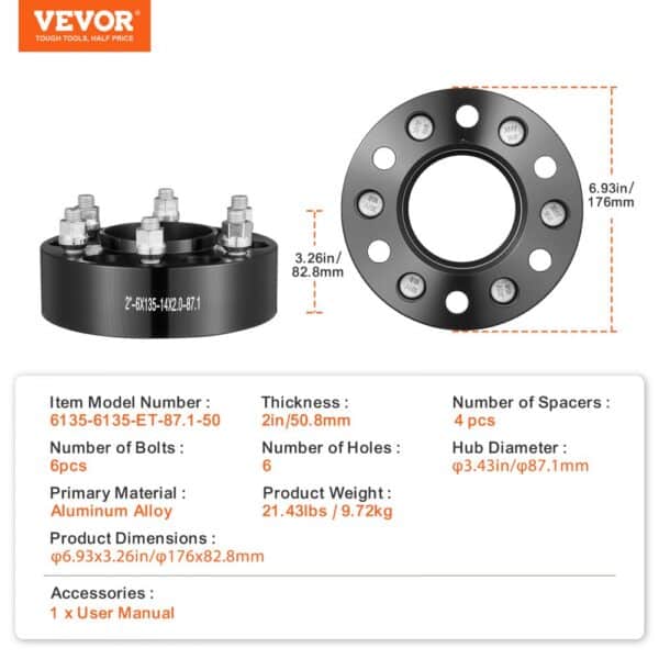 VEVOR wheel spacers, 2-inch thickness, 6 bolts, aluminum alloy, product dimensions and specs displayed.