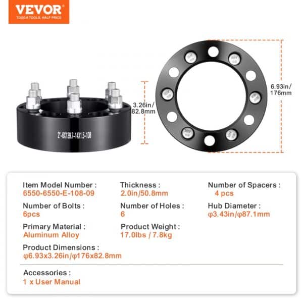 VEVOR wheel spacers, aluminum alloy, 6 bolts, 4 pcs, 2.0in thickness, with dimensions and weight details.