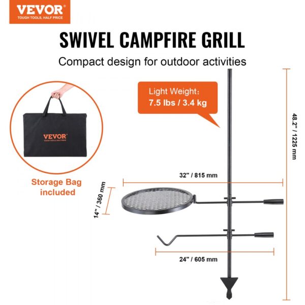 VEVOR Swivel Campfire Grill Heavy Duty Steel Open Fire Cooking Grate Adjustable