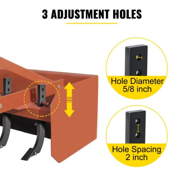 VEVOR box blade shank with 3 adjustment holes, 5/8 inch diameter, 2 inch spacing.