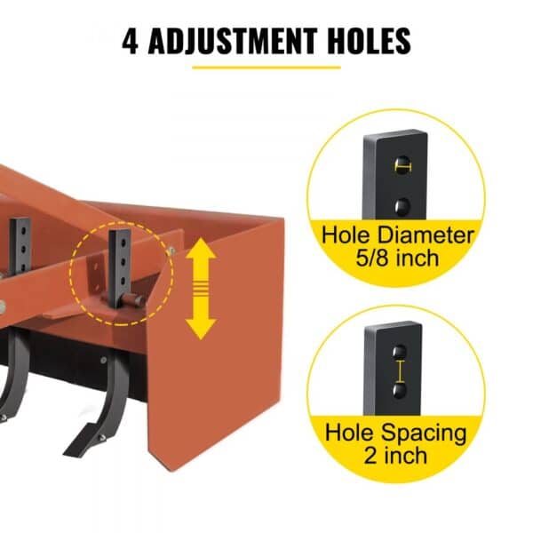 VEVOR box blade shank with 4 adjustment holes, 5/8 inch hole diameter, and 2 inch spacing.