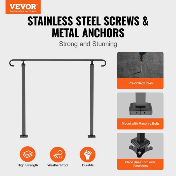 VEVOR outdoor handrails with stainless steel screws, metal anchors, and high durability.