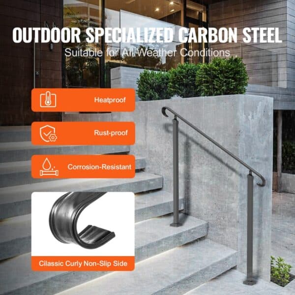 VEVOR outdoor handrails on modern concrete steps, showcasing heatproof and rust-proof features.