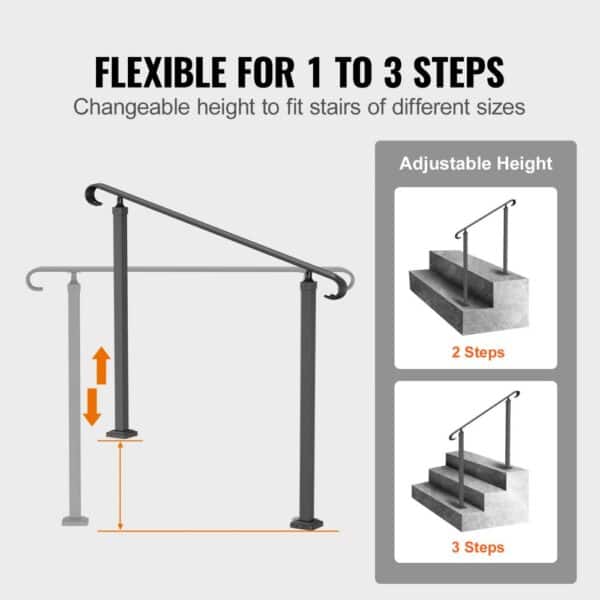 VEVOR outdoor handrails for adjustable height on 1 to 3 steps.