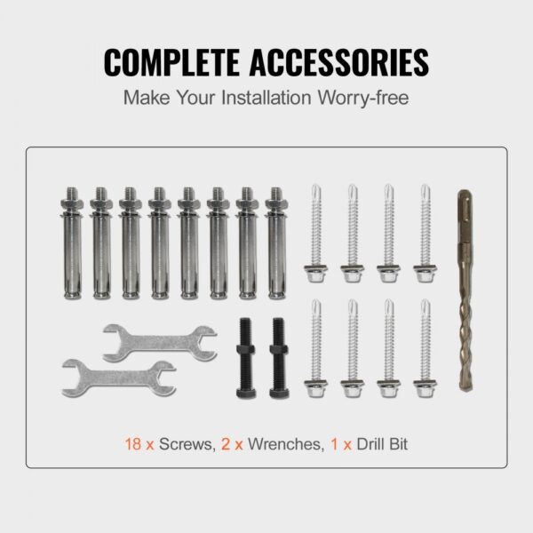 complete VEVOR outdoor handrails installation kit with screws, wrenches, and drill bit.