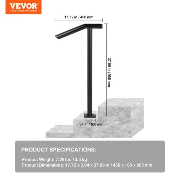 VEVOR steel railing, 37.99 in height, 17.72 in width on concrete steps.