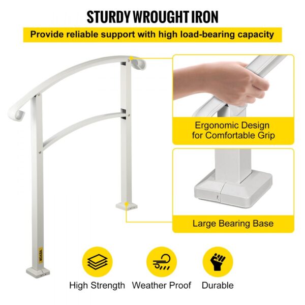 VEVOR outdoor handrails with ergonomic grip, large base, high strength, weatherproof, durable.