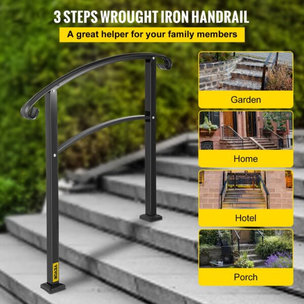 3 steps wrought iron VEVOR handrail for outdoor steps in a garden, home, hotel, porch.