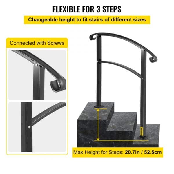 VEVOR handrail for outdoor steps, adjustable, black, 3-step height, screw connection.