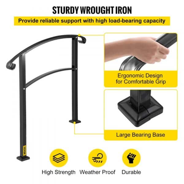 VEVOR handrail for outdoor steps with ergonomic grip and large bearing base.