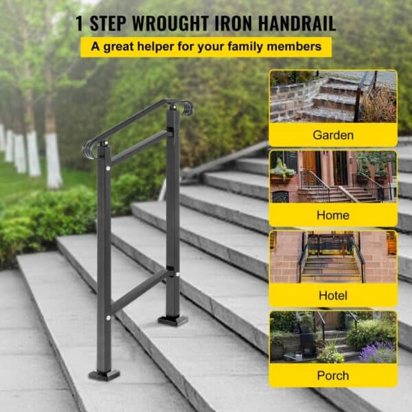 black 1 step wrought iron handrail for garden, home, hotel, and porch stairs.