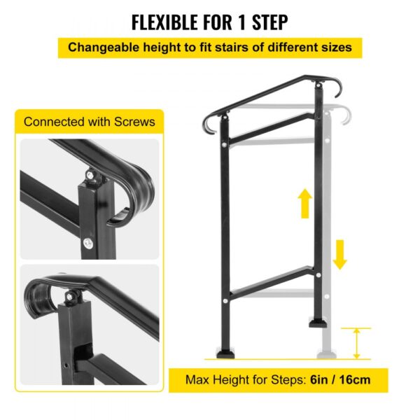 adjustable VEVOR outdoor stair railing with screw connections for 6in max step height.