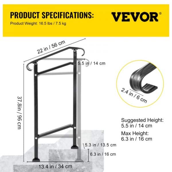 VEVOR outdoor stair railing product specifications with dimensions and weight.