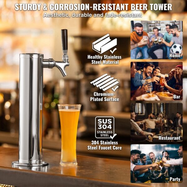 VEVOR Single Faucet Draft Beer Tower Dispenser, Stainless Steel Keg Beer Tower, Kegerator Tower Kit with Pre-Assembled Tubing and Self-Closing Faucet Shank for Party, Bar, Pub, Restaurant