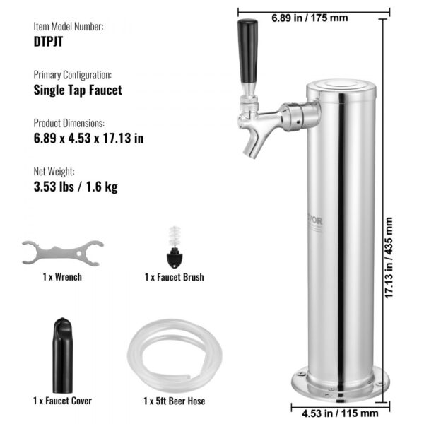 VEVOR Single Faucet Draft Beer Tower Dispenser, Stainless Steel Keg Beer Tower, Kegerator Tower Kit with Pre-Assembled Tubing and Self-Closing Faucet Shank for Party, Bar, Pub, Restaurant