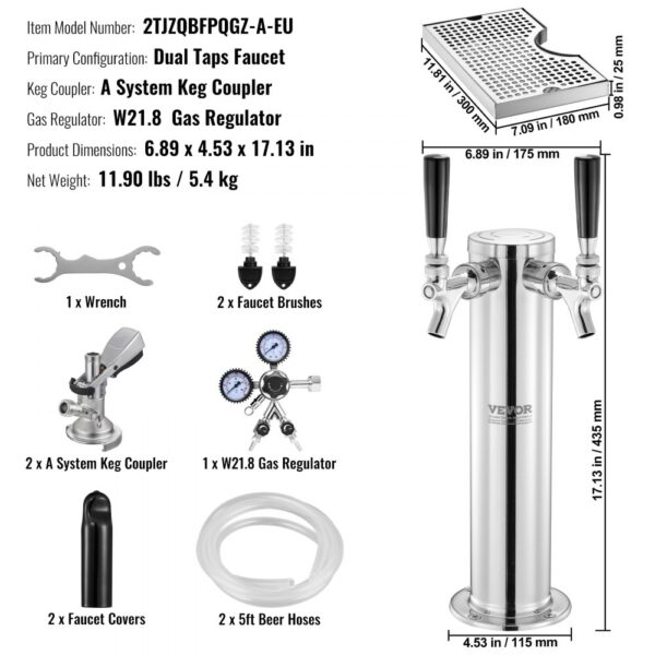 VEVOR Dual Taps Kegerator Tower Kit Kegerator Beer Tower & A-System Keg Coupler