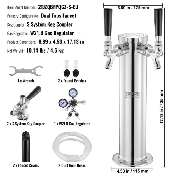 VEVOR Kegerator Tower Kit, Dual Taps Beer Conversion Kit, Stainless Steel Keg Beer Tower Dispenser with Dual Gauge W21.8 Regulator & S-System Keg Coupler for Party Home