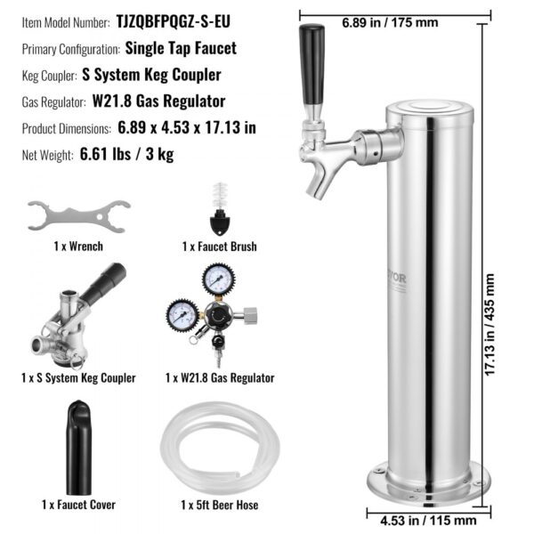 VEVOR Kegerator Tower Kit, Single Tap Beer Conversion Kit, Stainless Steel Keg Beer Tower Dispenser with Dual Gauge W21.8 Regulator & S-System Keg Coupler for Party Home