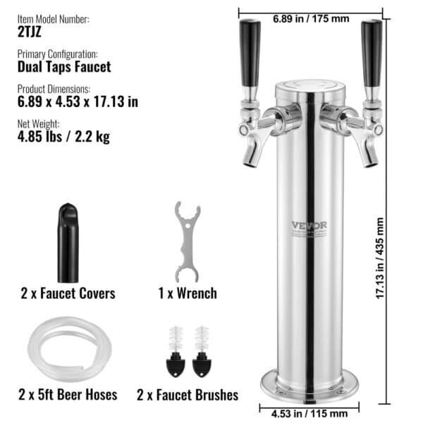 VEVOR dual taps draft beer tower, 6.89" x 4.53" x 17.13", with hoses, faucet covers, wrench, and brushes.