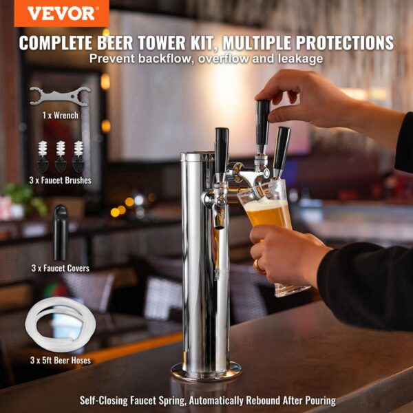 VEVOR beer tower with faucets, wrench, brushes, covers, and hoses for pouring pints effortlessly.