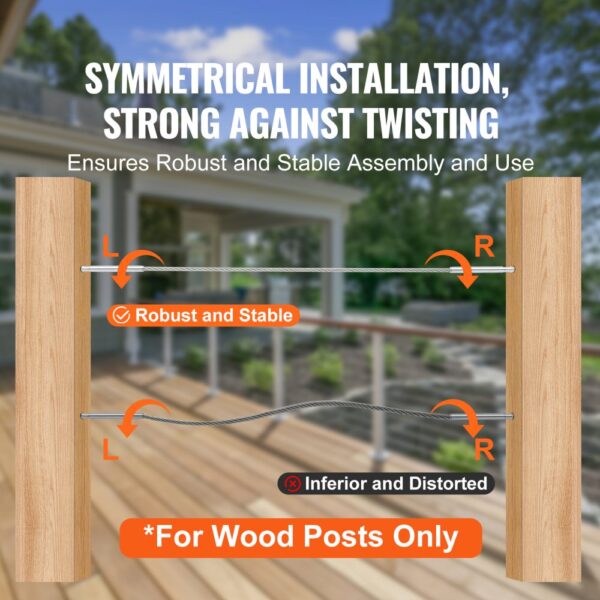 symmetrical installation of VEVOR cable railing tensioner on wood posts, demonstrating robust stability.