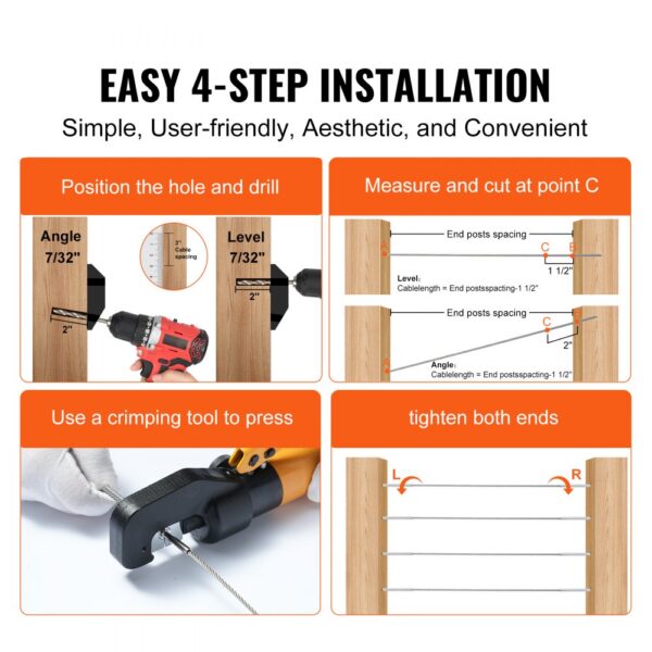 easy 4-step installation guide for VEVOR cable railing tensioner, showing drilling, measuring, crimping.