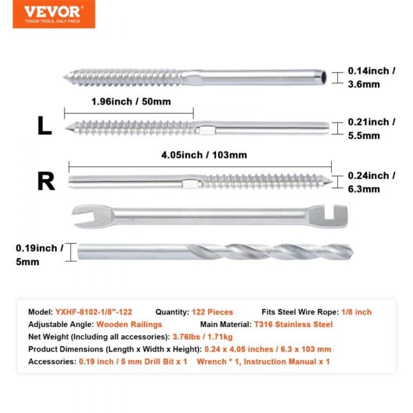 VEVOR cable railing tensioner components with dimensions and specifications for wooden railings.