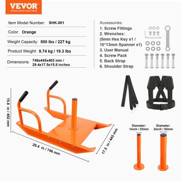 VEVOR Weight Training Pull Sled, Fitness Strength Speed Training Sled with Handle, Steel Power Sled Workout Equipment for Athletic Exercise & Speed Improvement, Suitable for 1"&2" Weight Plate, Orange