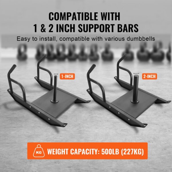 VEVOR weight training sled with 1-inch and 2-inch support bars, 500lb capacity, and dumbbell compatibility.