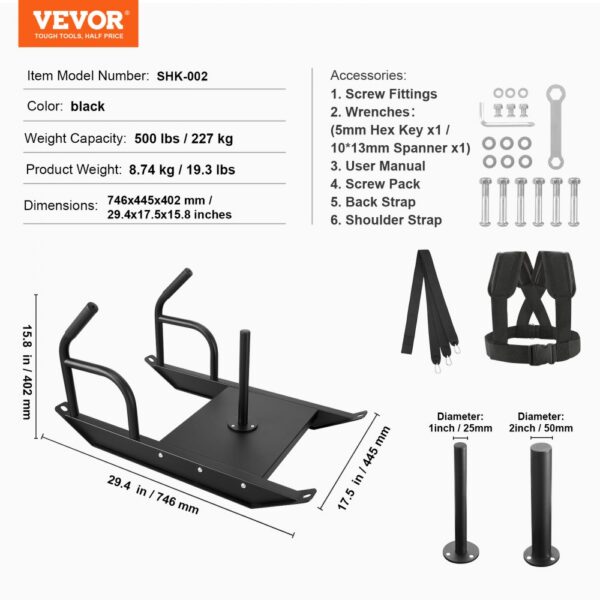 VEVOR weight training sled in black, accessories, dimensions 29.4x17.5x15.8 inches, 500 lbs capacity.