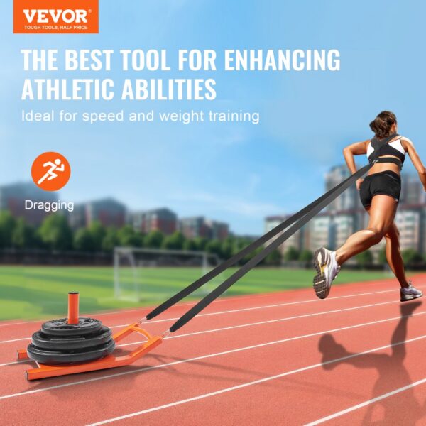 athlete pulling VEVOR weight training pull sled on a track for speed and weight training.