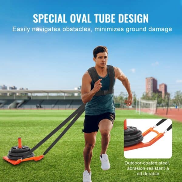 athlete training with VEVOR weight training pull sled on grass field, showcasing oval tube design and durability.