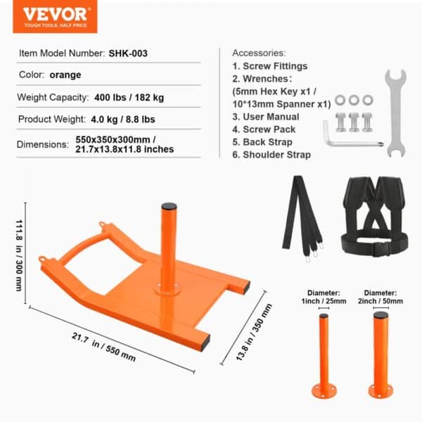 VEVOR weight training pull sled in orange with dimensions, accessory kit, and weight capacity details.