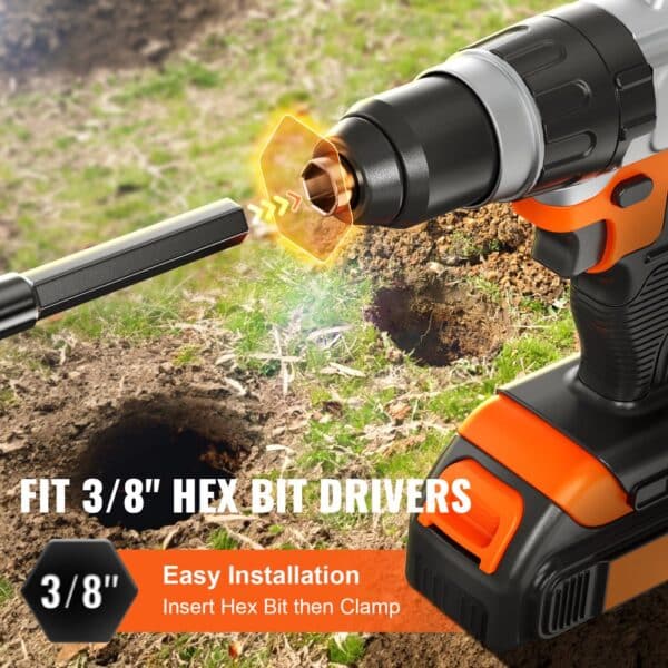 VEVOR auger drill bit insertion with a hex bit driver on grass, showing easy installation steps.