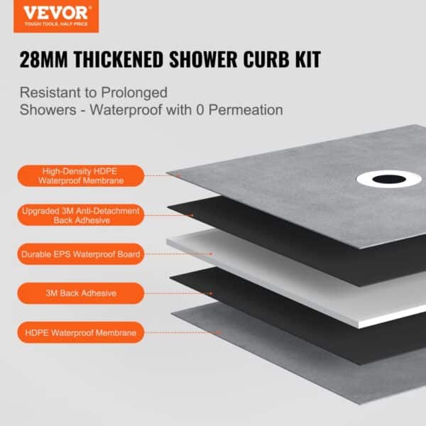 VEVOR shower curb kit 28mm thick layers with hdpe membrane, 3m adhesive, and eps waterproof board.