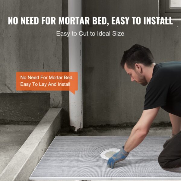 man installing VEVOR shower curb kit, no need for mortar bed, easy to cut and install.