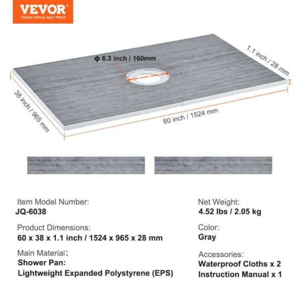 VEVOR shower curb kit, gray, with dimensions 60x38x1.1 inch, made from lightweight expanded polystyrene.