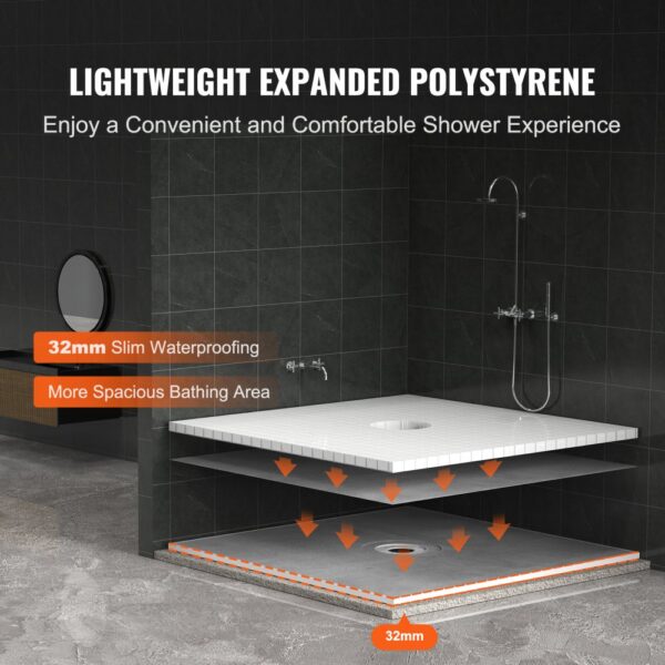 VEVOR shower curb kit installation featuring lightweight expanded polystyrene and 32mm slim waterproofing.