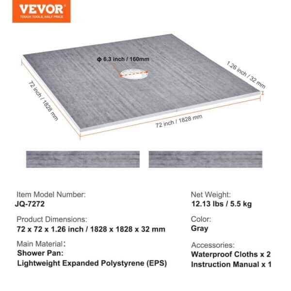 VEVOR shower curb kit displayed with product dimensions, material, weight, and color details.