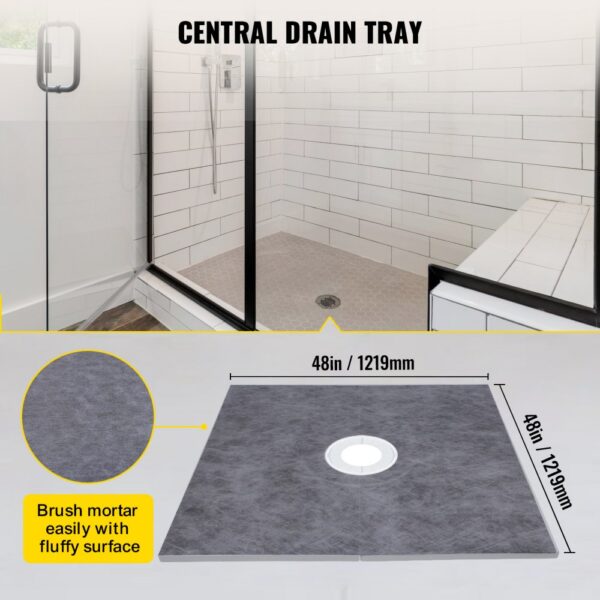 VEVOR shower curb kit in modern tiled bathroom with central drain tray, 48in/1219mm size.