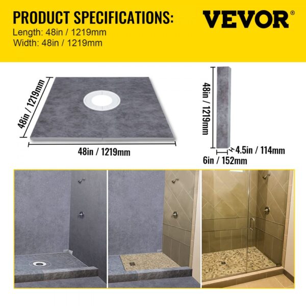 VEVOR shower curb kit with 48in x 48in base shown in installed showers.