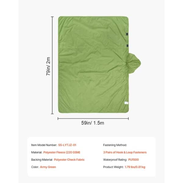 VEVOR Camping Blanket 79" x 59" Wearable Warm Stadium Blanket Outdoor Army Green