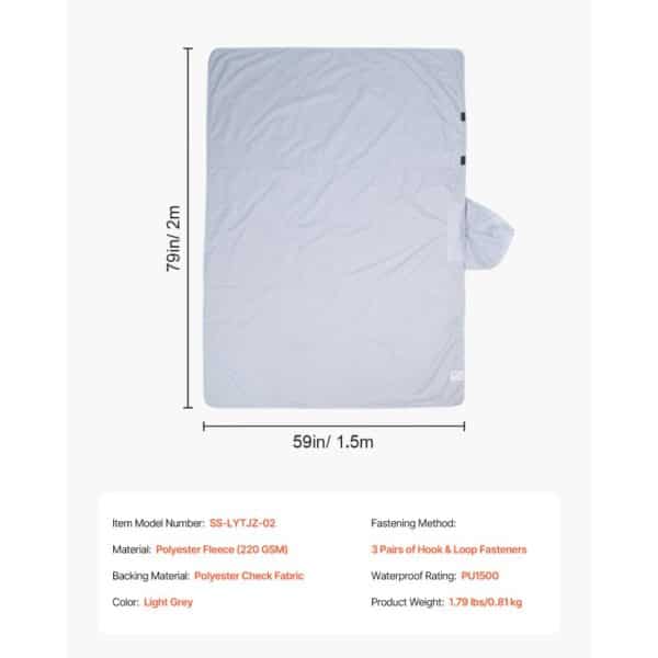 VEVOR Camping Blanket 79" x 59" Wearable Warm Stadium Blanket Outdoor Light Grey