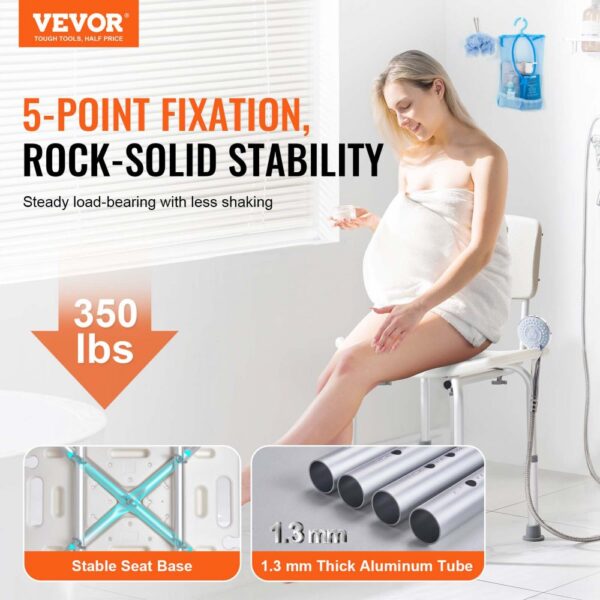 VEVOR shower chair with 5-point fixation, supports 350 lbs, featuring a stable seat base and aluminum tube.