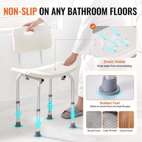 non-slip VEVOR shower chair with rubber feet and drain holes, stable on various bathroom floor types.